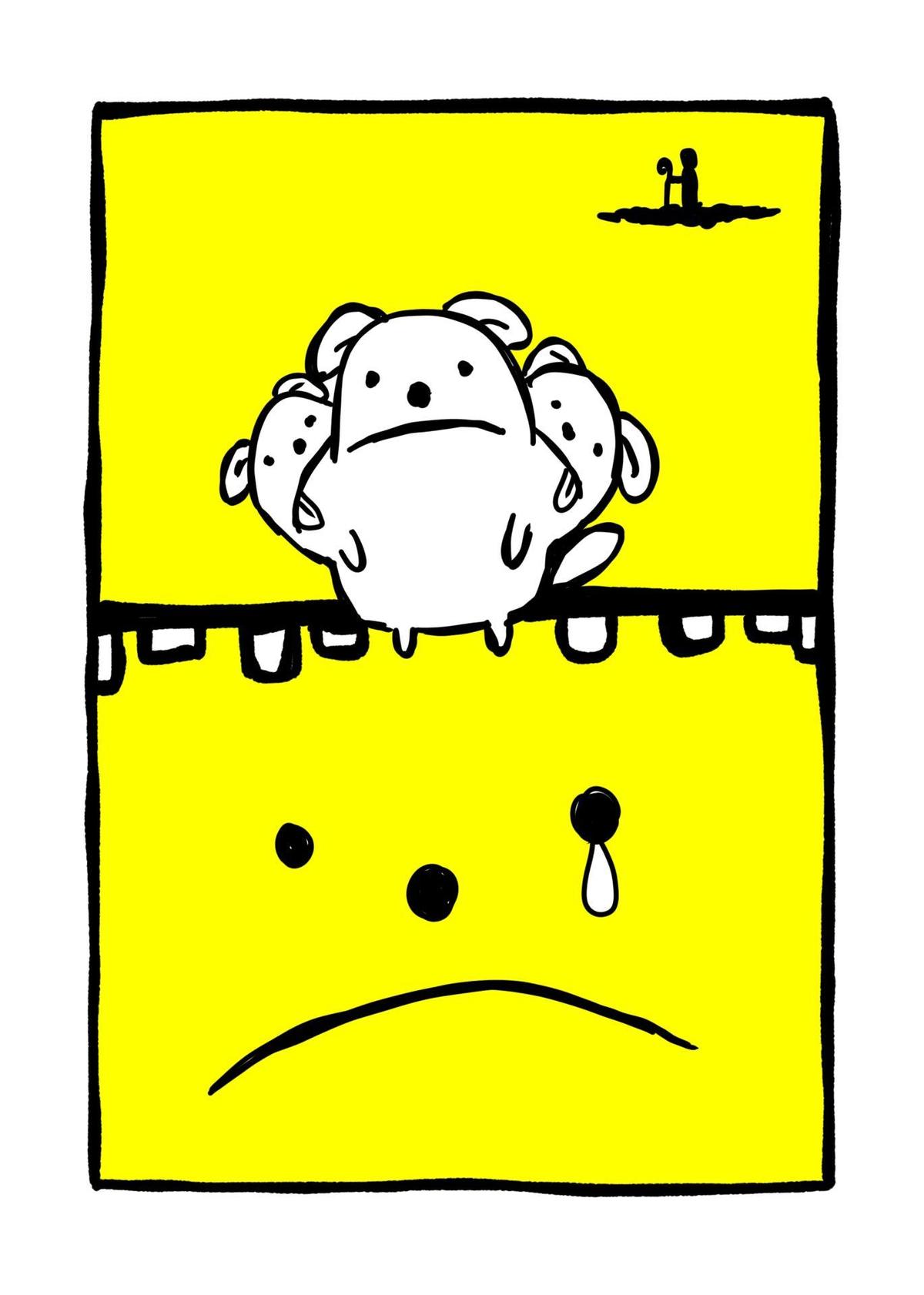 『わんぽん登場のお話』の1コマ。なりたくない自分になってしまい涙ぐむわんぽん